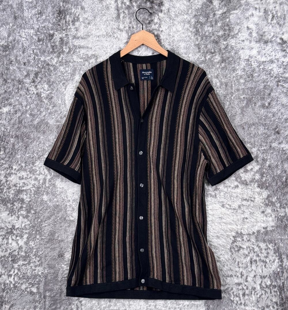Abercrombie & Fitch Sweater Knit Shirt Large Tall Mens Black Stripe Button Down